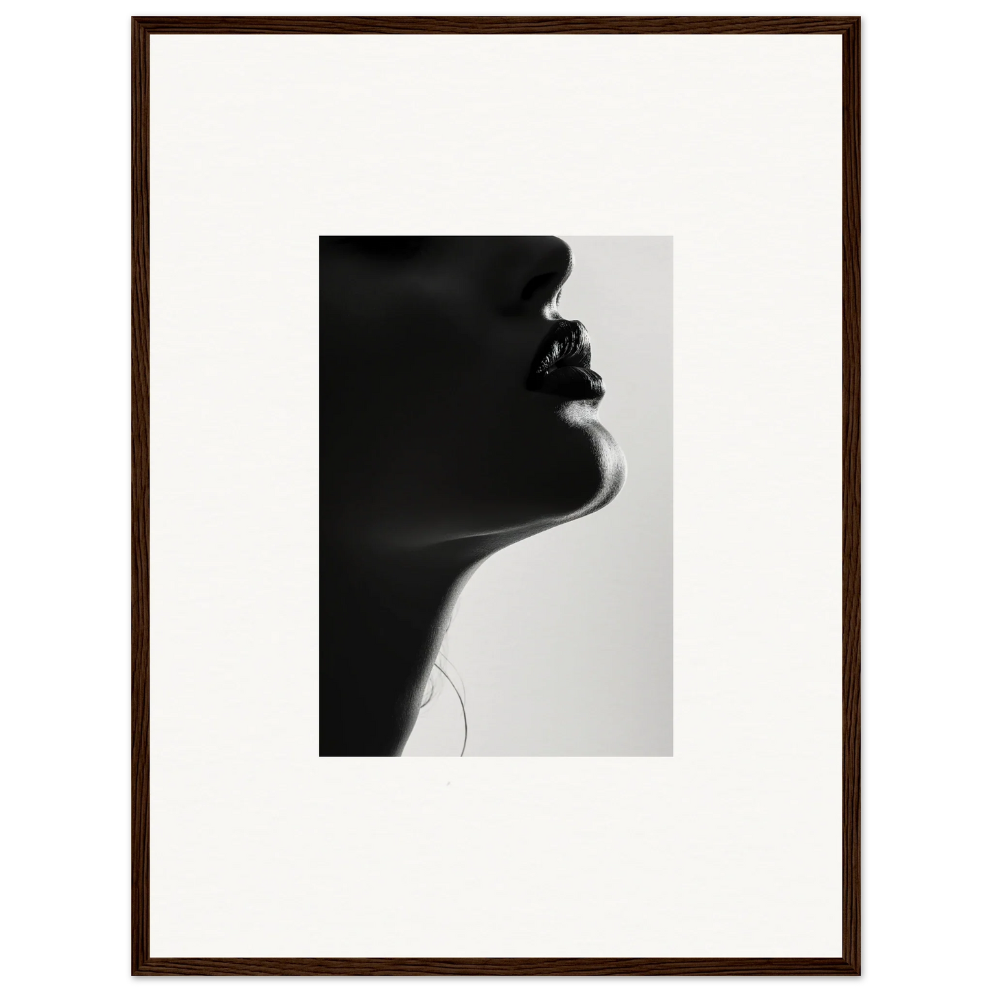 Dramatic black and white silhouette of neck and chin in Shadowed Whisper Immanence framed wall art