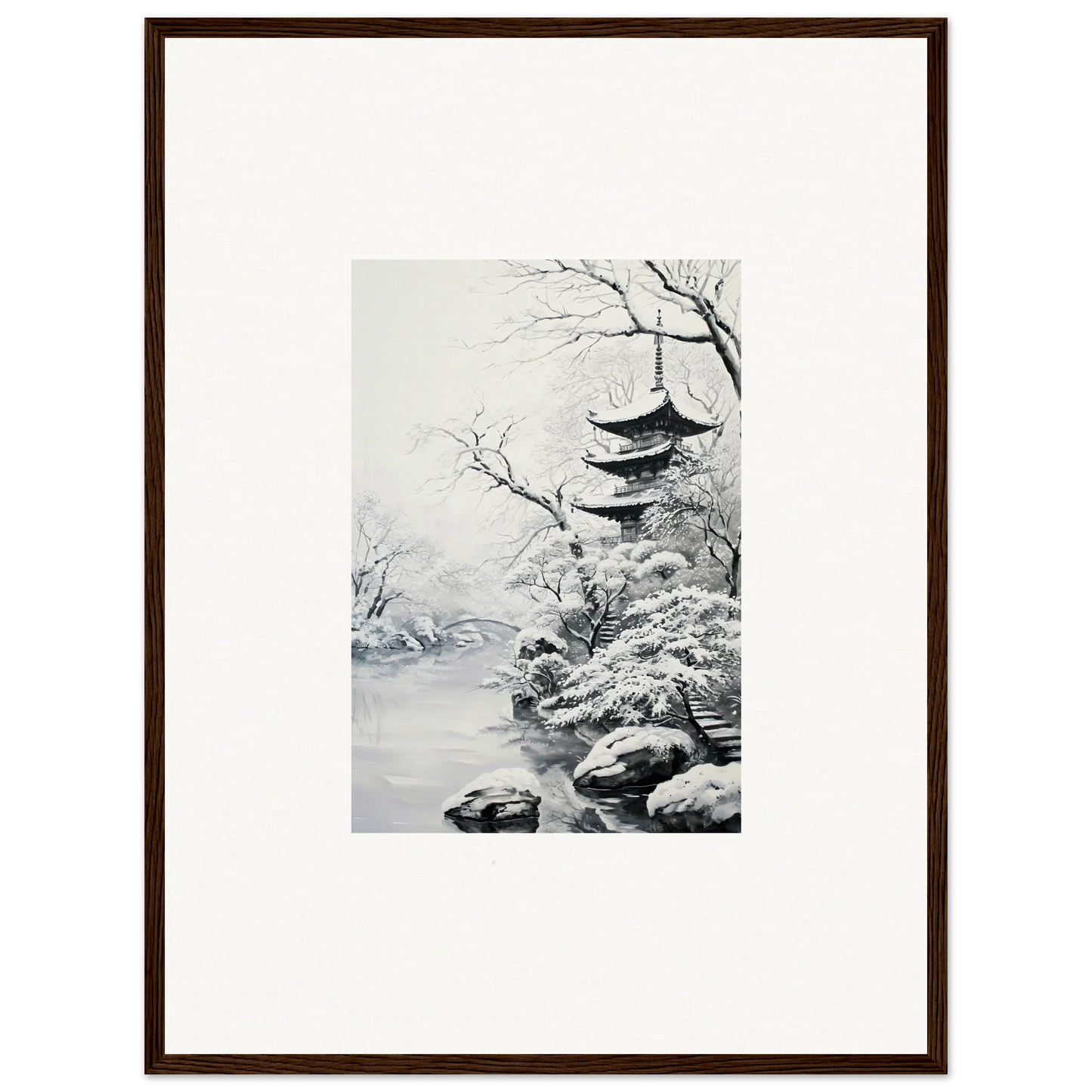 Framed wall art of snow-covered Japanese pagoda in Twilight Rebirth Narrative