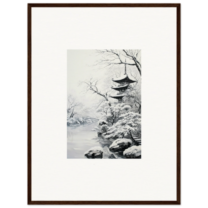 Framed wall art of snow-covered Japanese pagoda in Twilight Rebirth Narrative