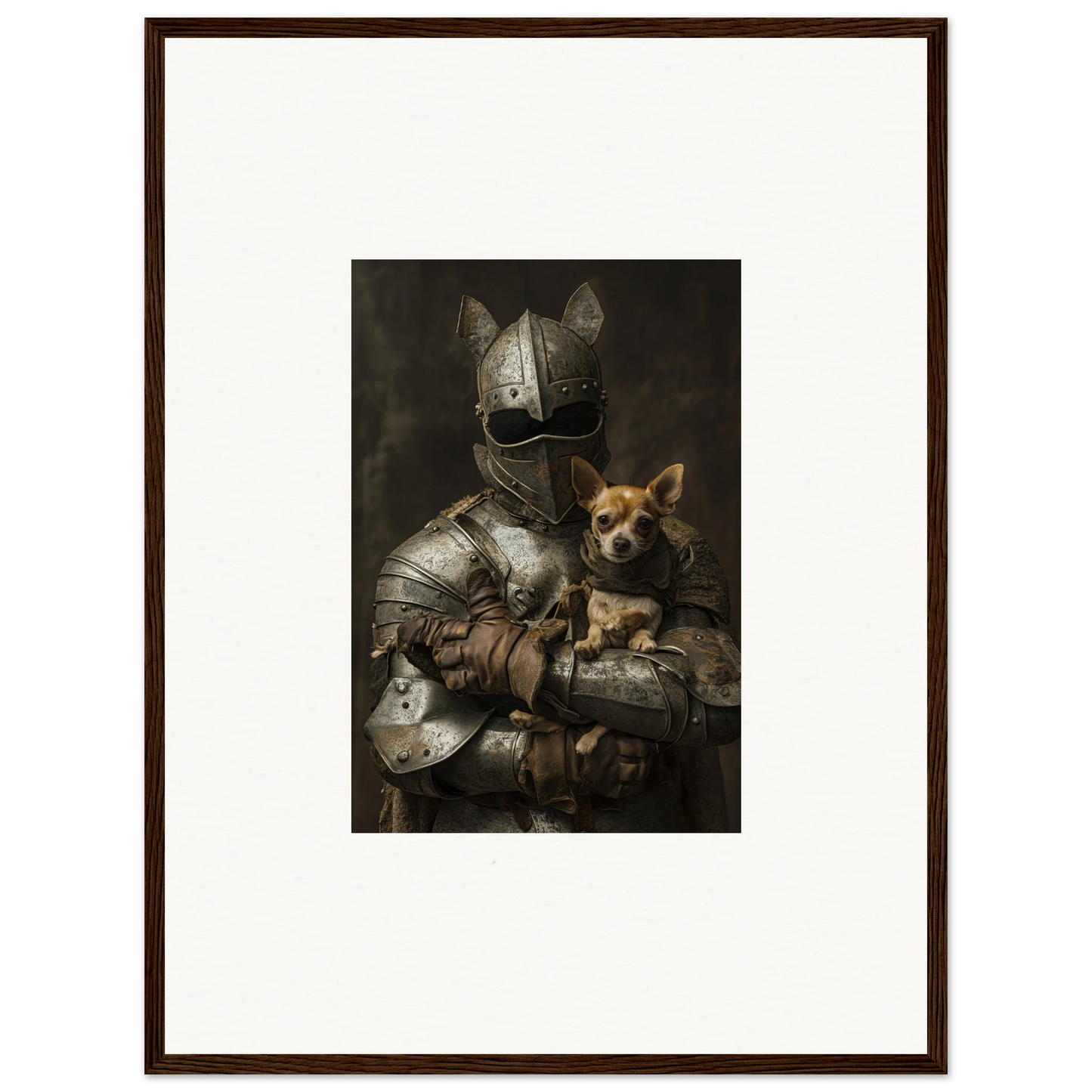 Medieval knight in armor with Chihuahua dog, part of Serene Steel Whispers art