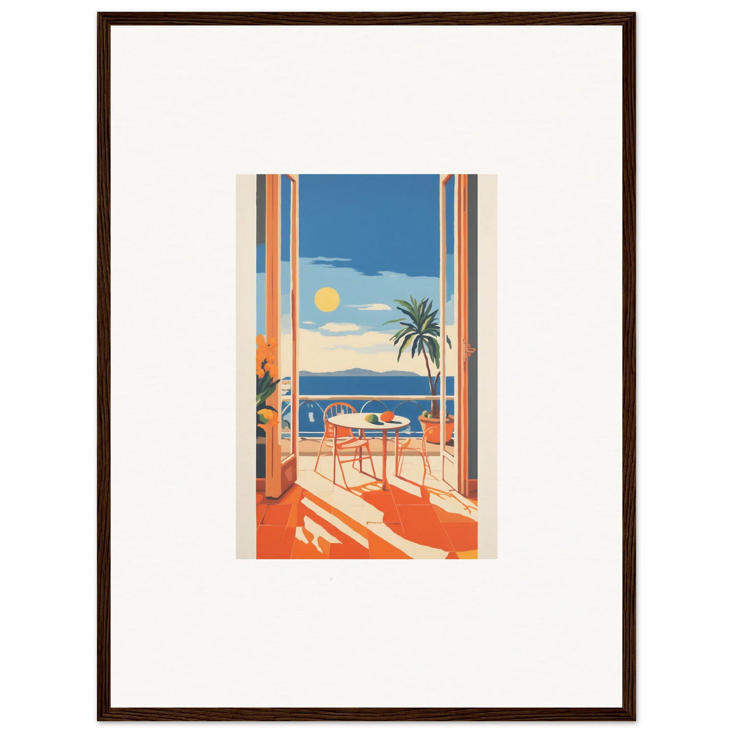 Framed poster of a sunny coastal view, perfect for your Tranquil Mirage Brunch vibe