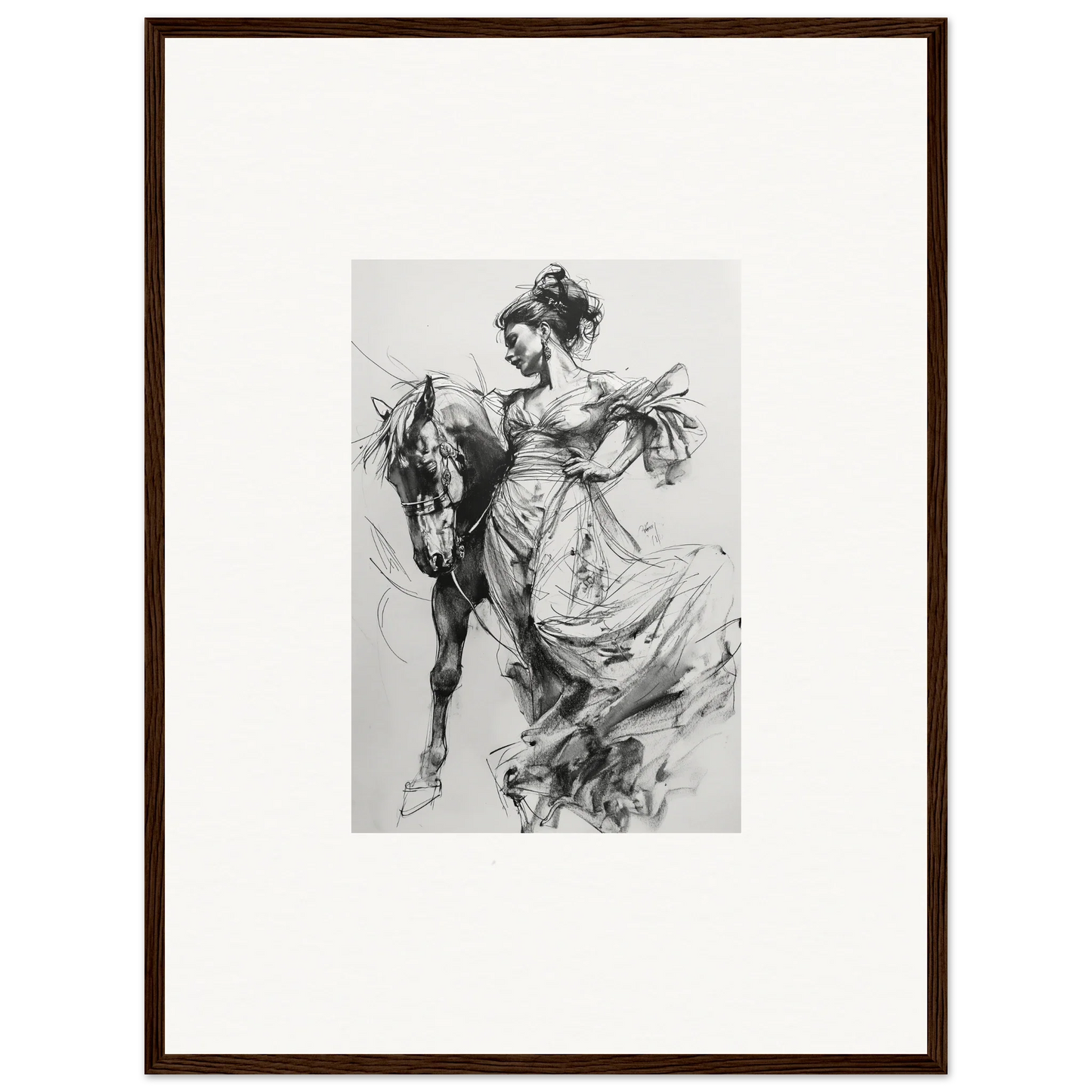 Elegant black and white sketch of a figure in flowing dress and horse for Thoughts Unbridled Dance