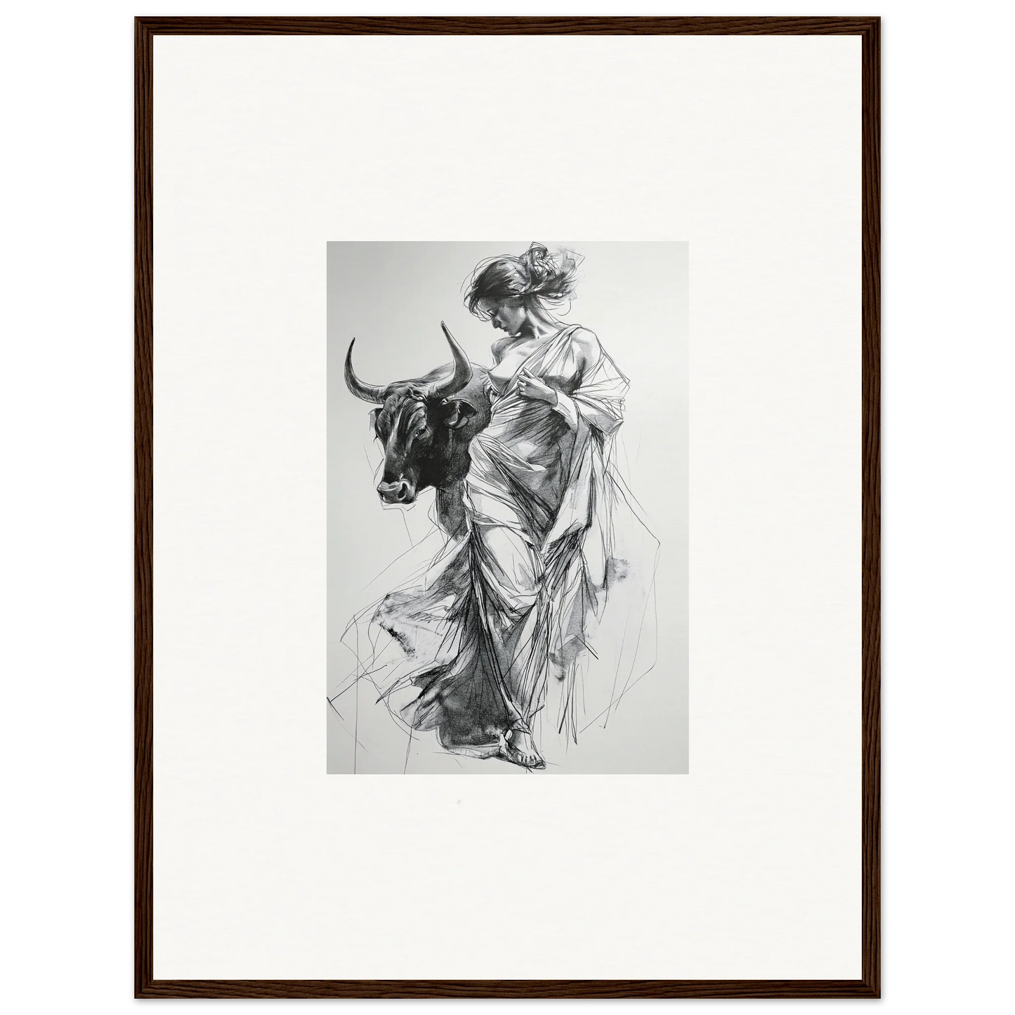 Black and white sketch of a figure in robes with a bull from special edition art™ Reverie of Zephyr