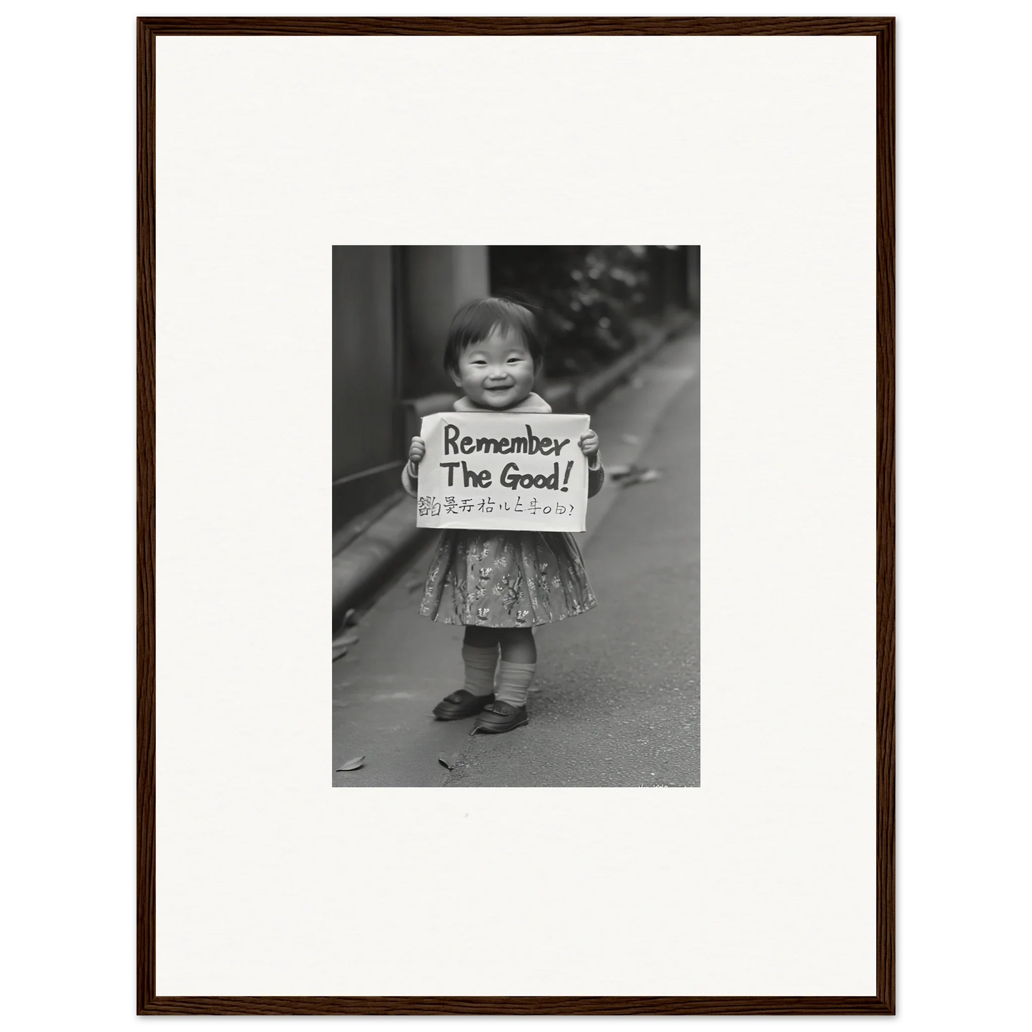 Black and white photo of a child with a Remember The Good sign for Whimsy Echo Memory