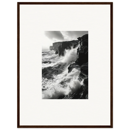 Dramatic black and white waves crash on cliffs in Rock Impressions special edition art™