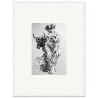 Black and white sketch of a figure in robes with a bull for Reverie of Zephyr special edition art™