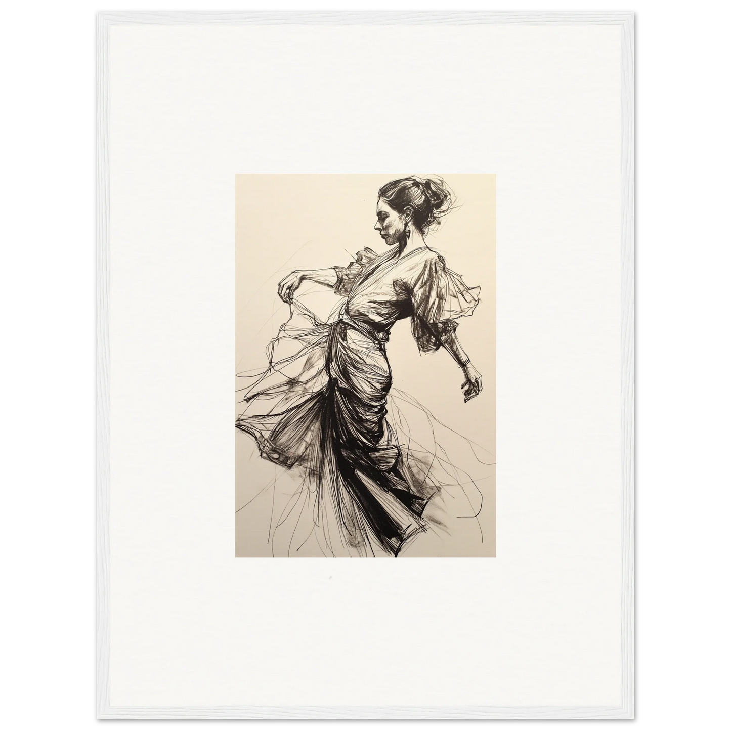 Elegant sketch of Victorian dress in motion for Ephemeral Ink Serenade framed wall art