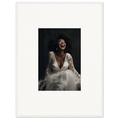 Joyful person in a white lace wedding dress from Timeless Essence Laughter art