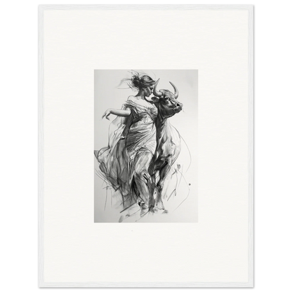 Black and white sketch of figures dancing, perfect for Forest Flame Dance framed wall art