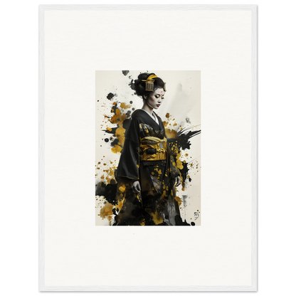 Artistic portrait of a geisha in a kimono with gold splatter, Eclipsed Ukiyo Symphony