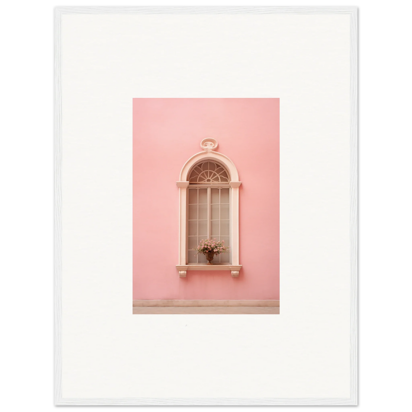 Arched window with ornate details on a pink wall in Pinky Flora Portal framed wall art