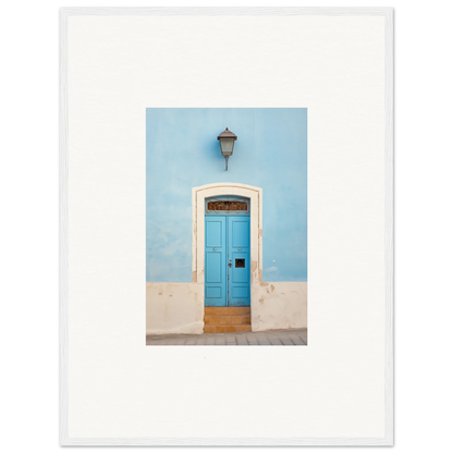 Bright blue wooden door with white stone trim in Surreal Azure Vesaurrezz framed wall art