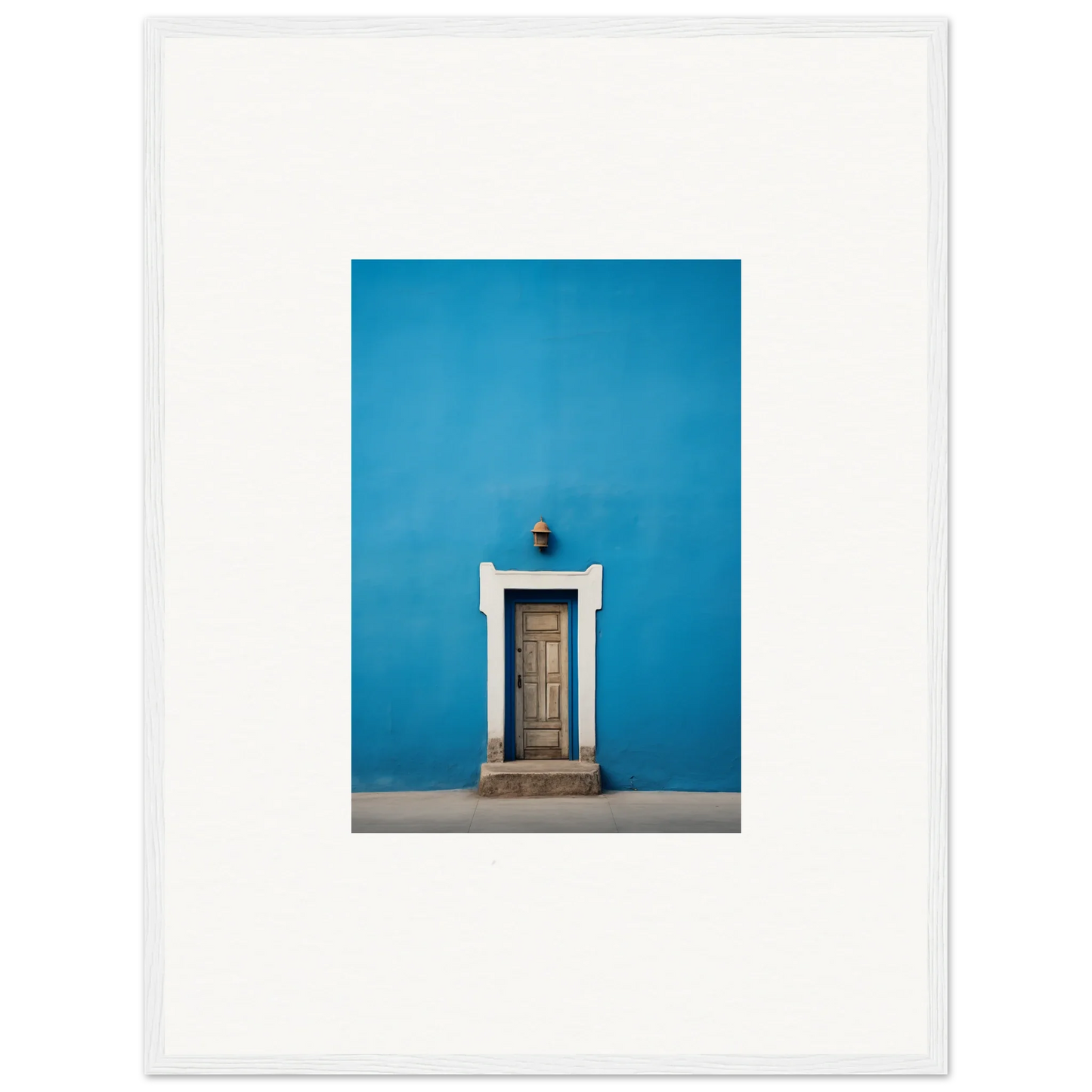 Wooden door with white trim on a bright blue wall in Eternal Cerulean Cloister special edition art™