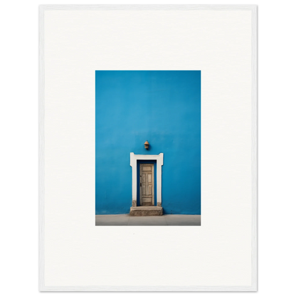 Wooden door with white trim on a bright blue wall in Eternal Cerulean Cloister special edition art™