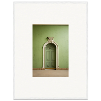 Ornate green door with decorative molding in Verdant Illusion Sphere framed wall art