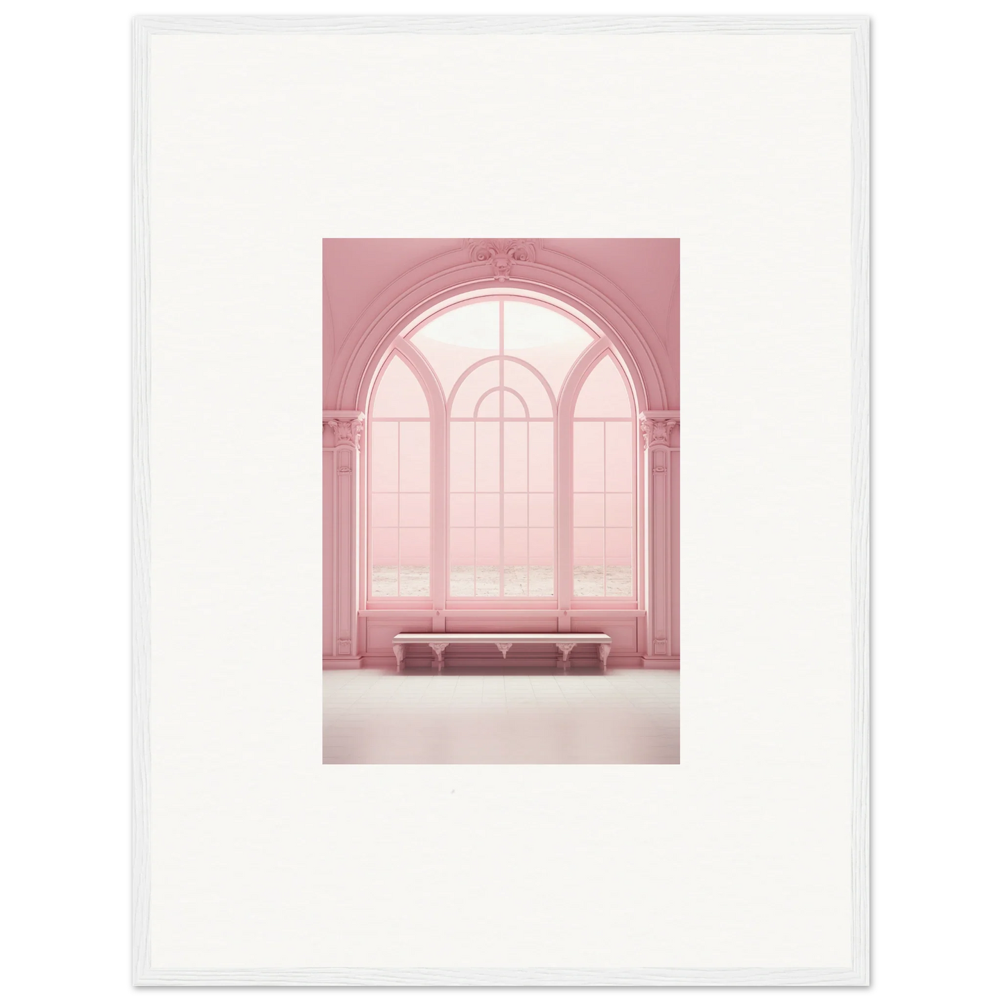 Arched pink window art with bench under elegant details in Solitude’s Rosy Asana