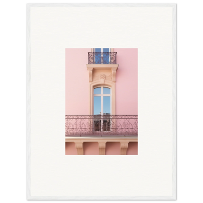 Pink balcony with ornate railings and arched window featuring Dusky Dream Balustrade