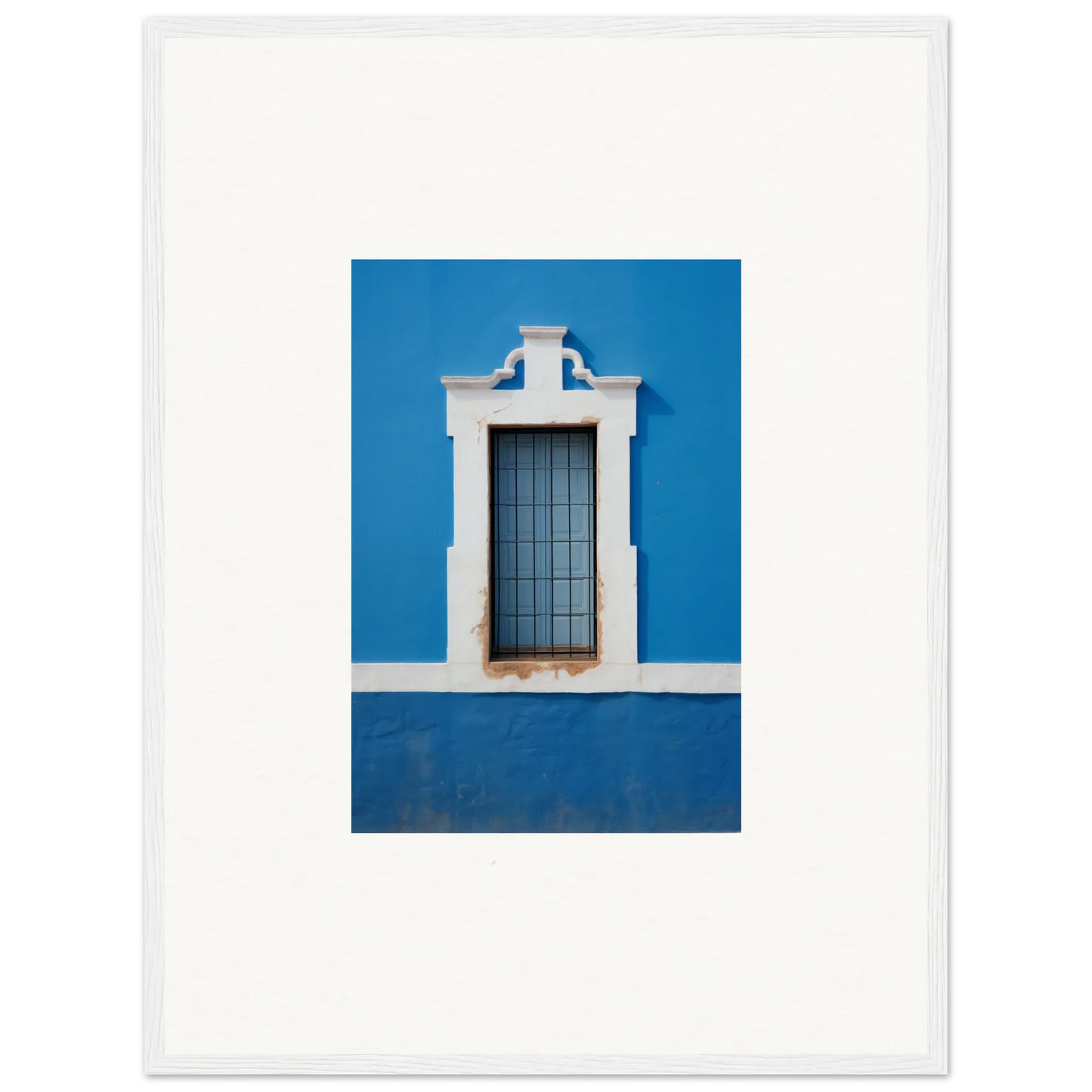 White-framed window with bars on a blue wall in Liquid Azure Quest special edition art™