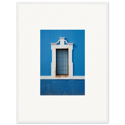 White-framed window with bars on a blue wall in Liquid Azure Quest special edition art™