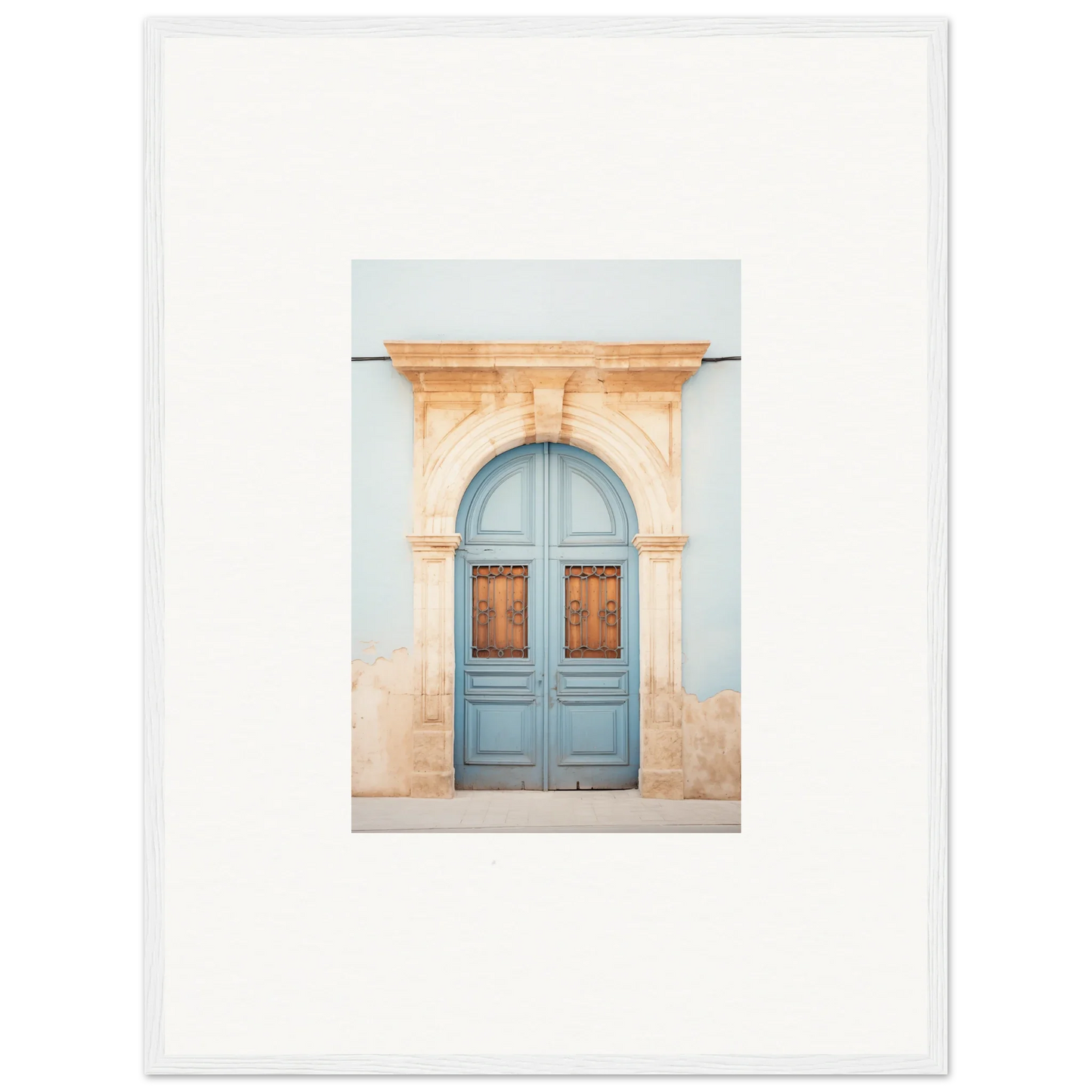 Light blue wooden door with peach stone arch in Threshold of Echoes special edition art™