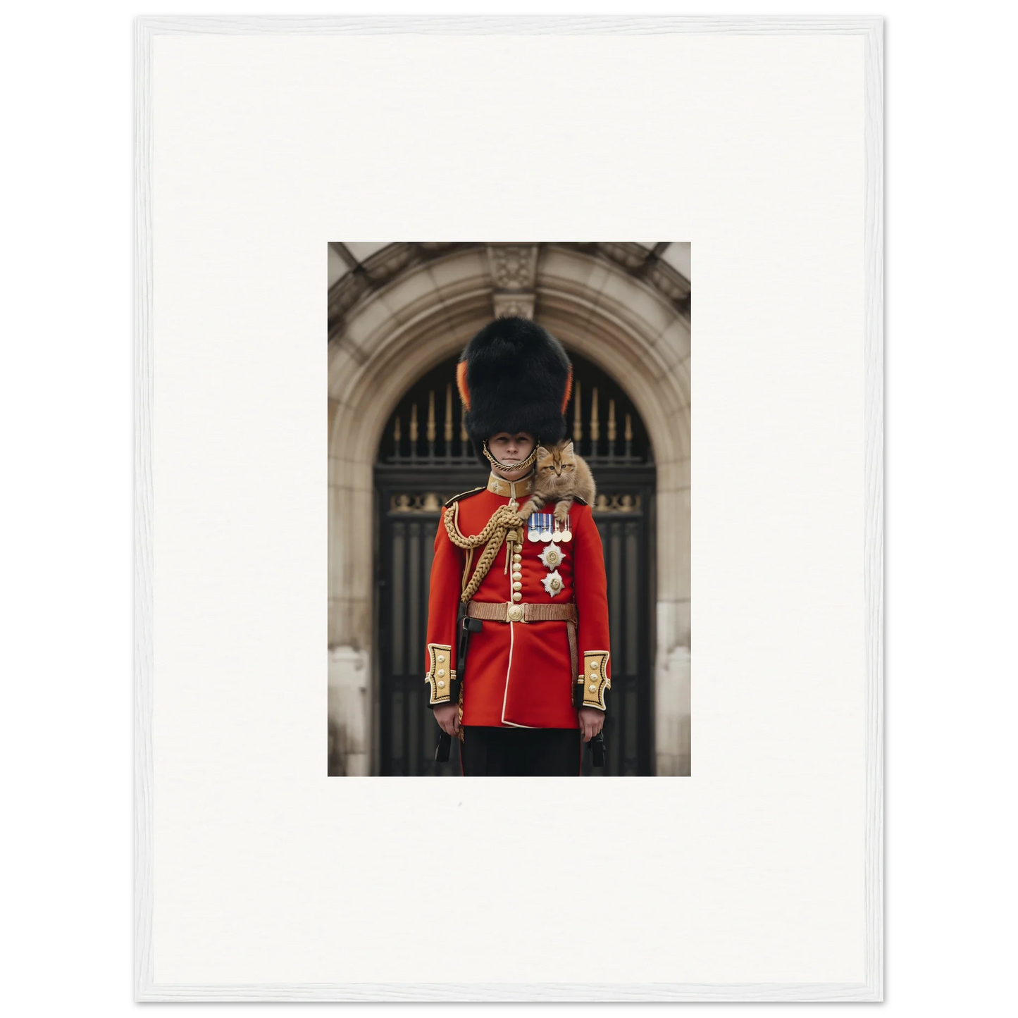 Royal guard in red uniform with bearskin hat, part of Royal Red Reverie wall art