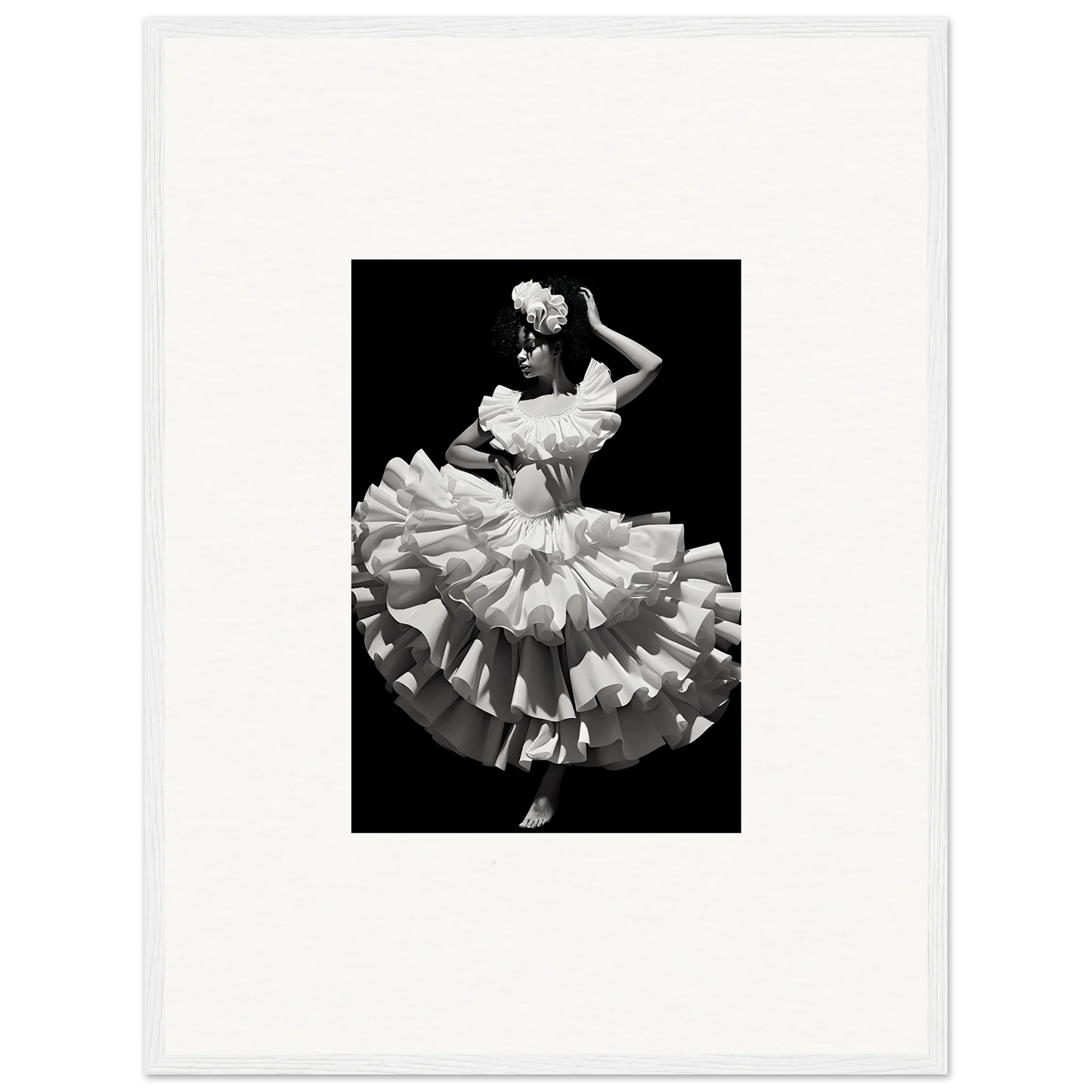 Dancer in a ruffled white dress mid-twirl for Curves Dreamscape Illuminated art™