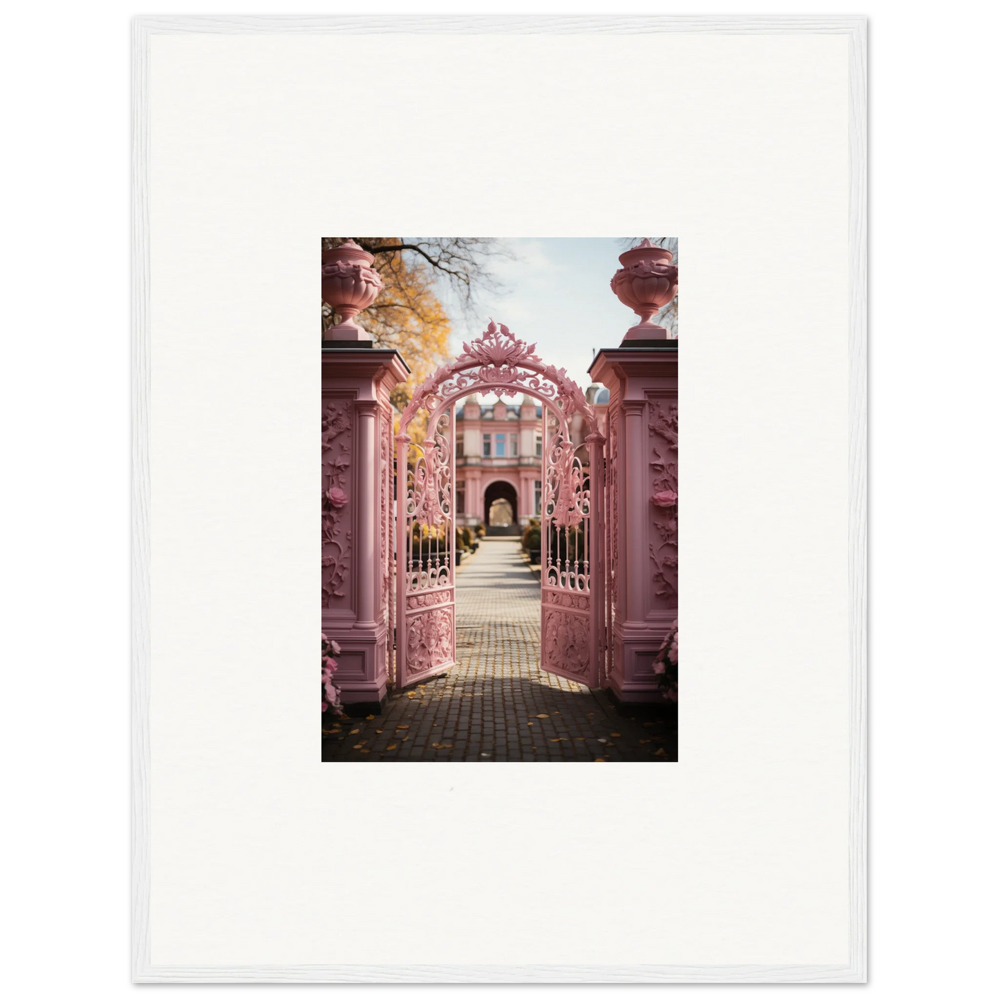 Ornate pink archway in Sugarcotton Visions Gateway leads to a beautiful garden path