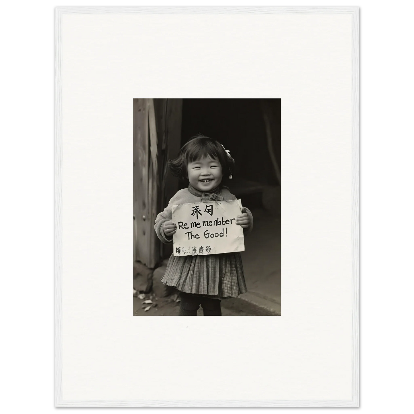 Child holding a sign with Chinese characters in Ephemeral Joy Imbibed framed wall art