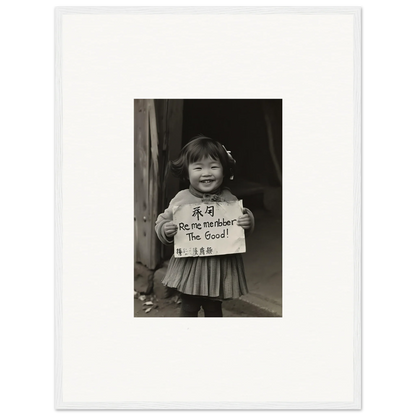 Child holding a sign with Chinese characters in Ephemeral Joy Imbibed framed wall art