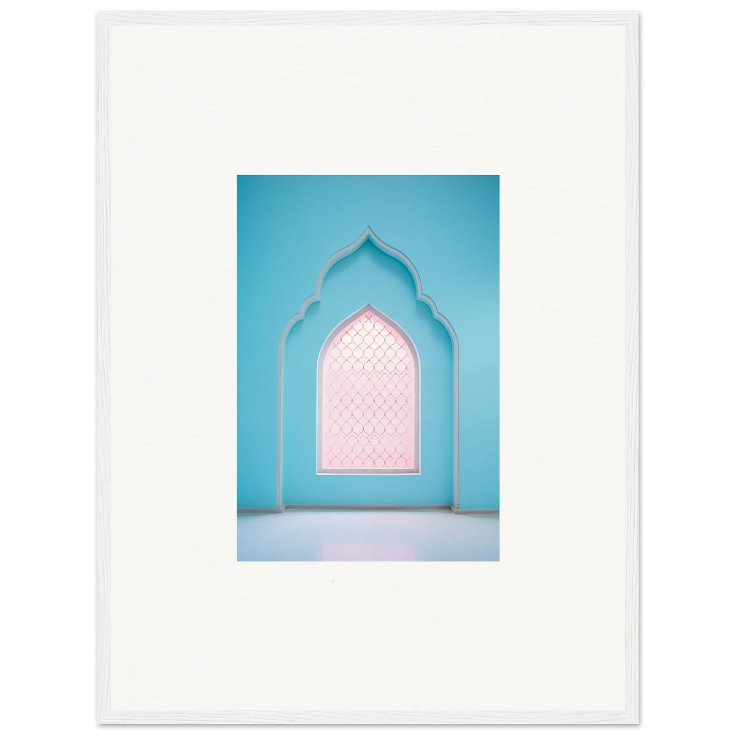 Ornate arched doorway with pink lattice window in turquoise for Souls Diffilveres Critfilters