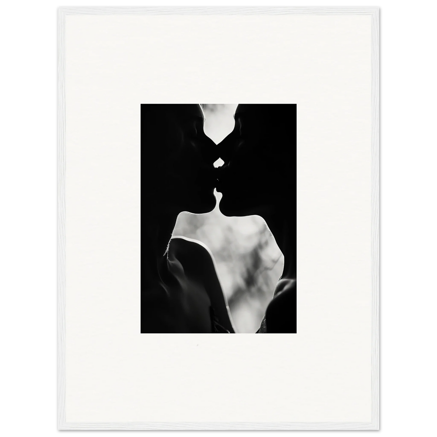 Two silhouettes kissing in black and white for Shadowy Dawn Nuance framed wall art