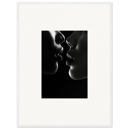 Two silhouettes sharing an intimate moment in Midnight Kiss Darkness framed wall art