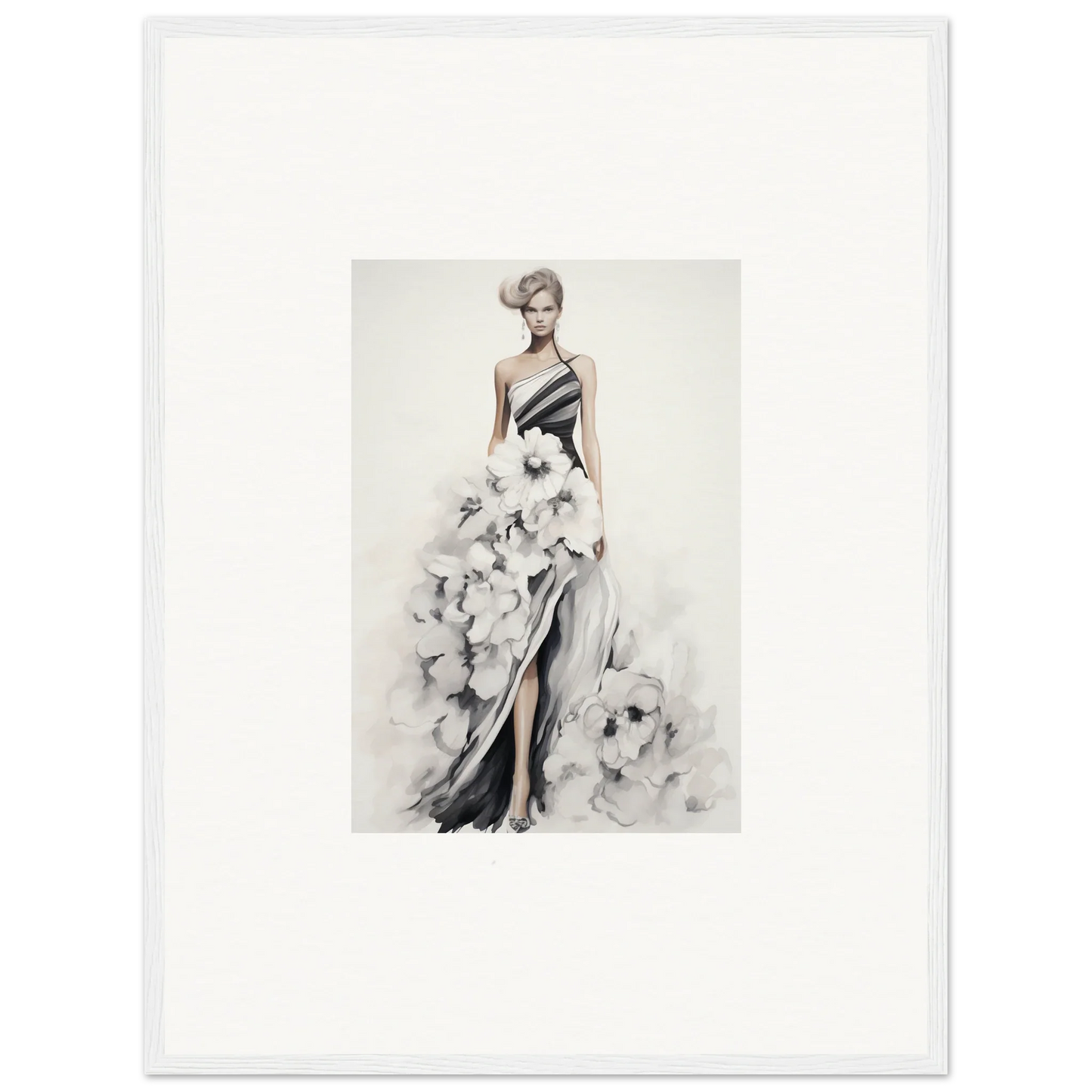 Fashion illustration of Dreamy Blossom Mirage elegant gown with black and white ruffles