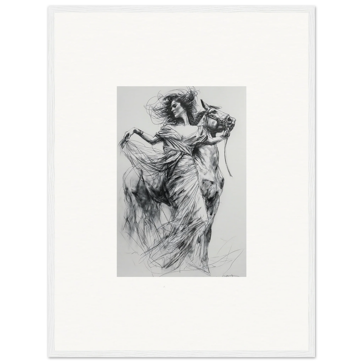 Dynamic charcoal sketch of a dancer in flowing motion for Equestrian Ether Euphoria framed wall art