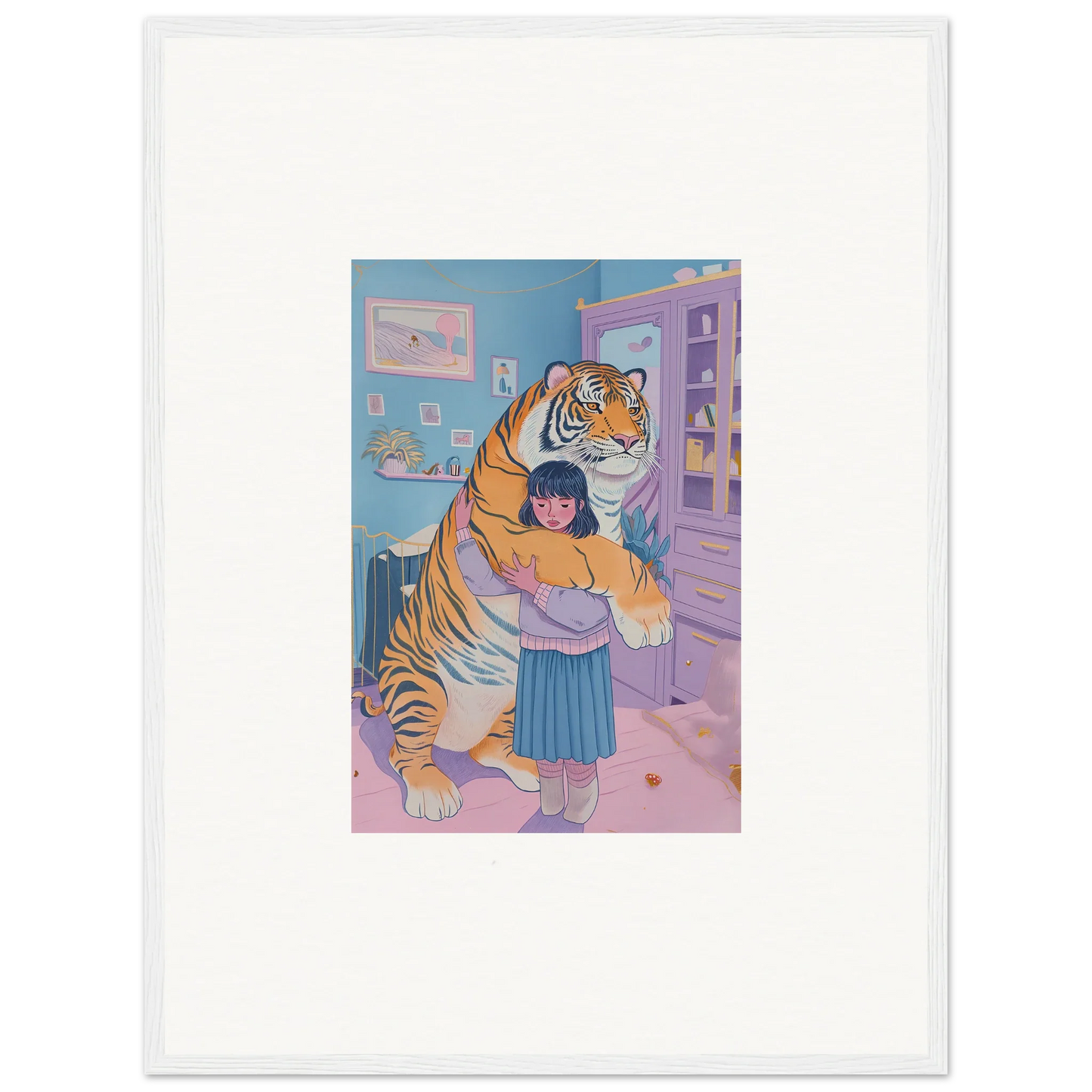 Young girl hugging a tiger in cozy bedroom for Tiger Embrace wall art canvas print