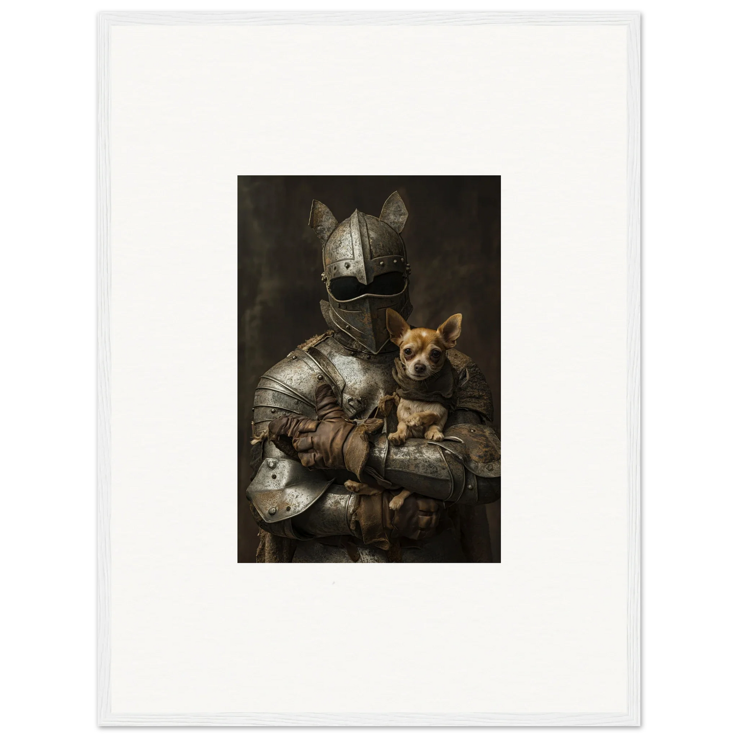 Medieval knight in armor holding a dog for Serene Steel Whispers framed wall art