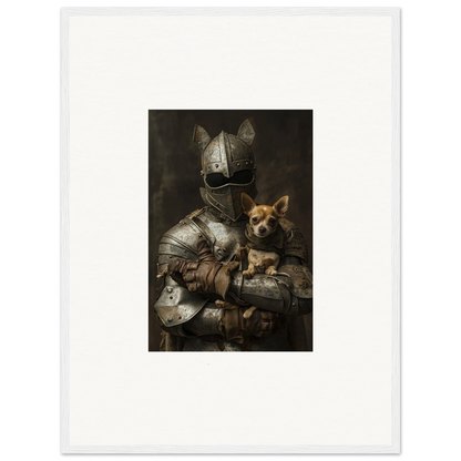 Medieval knight in armor holding a dog for Serene Steel Whispers framed wall art