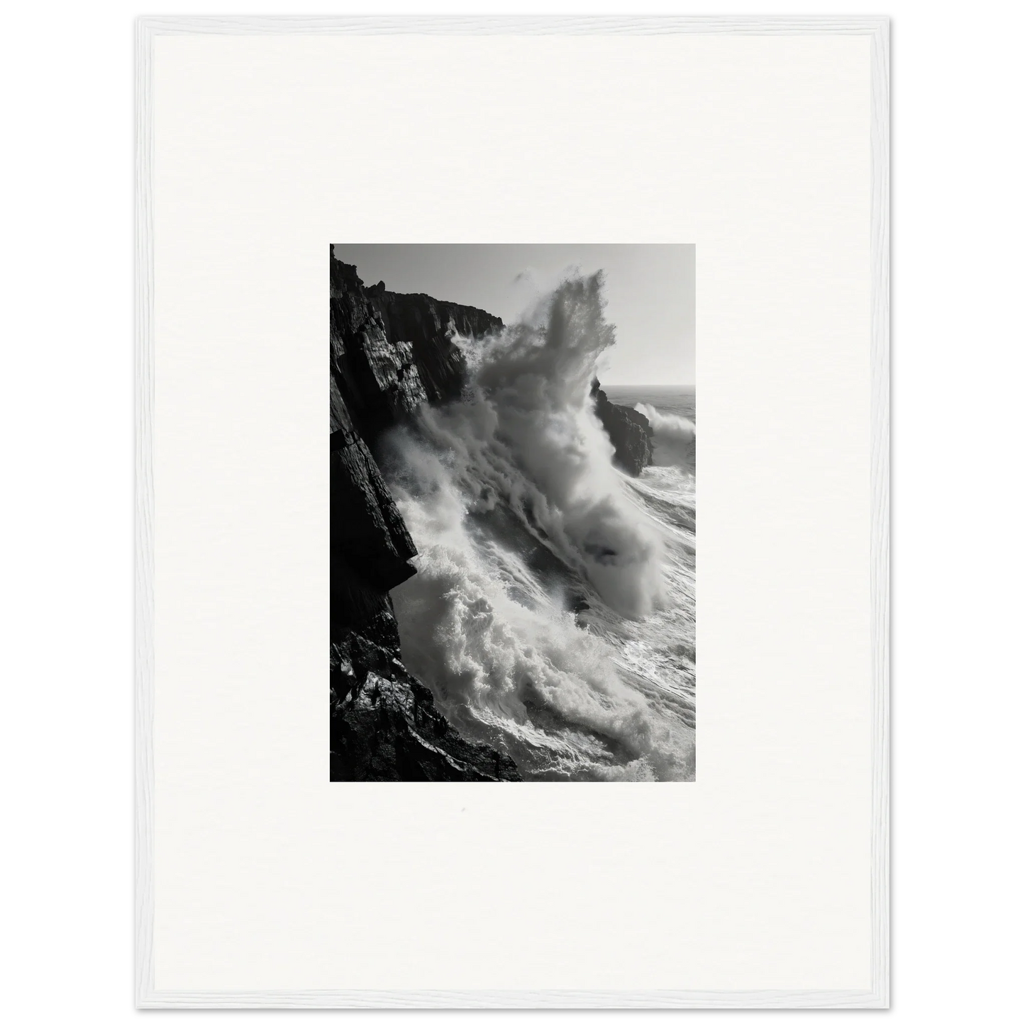 Powerful ocean wave crashing on cliffs in Tempest Winks Reverie special edition art™