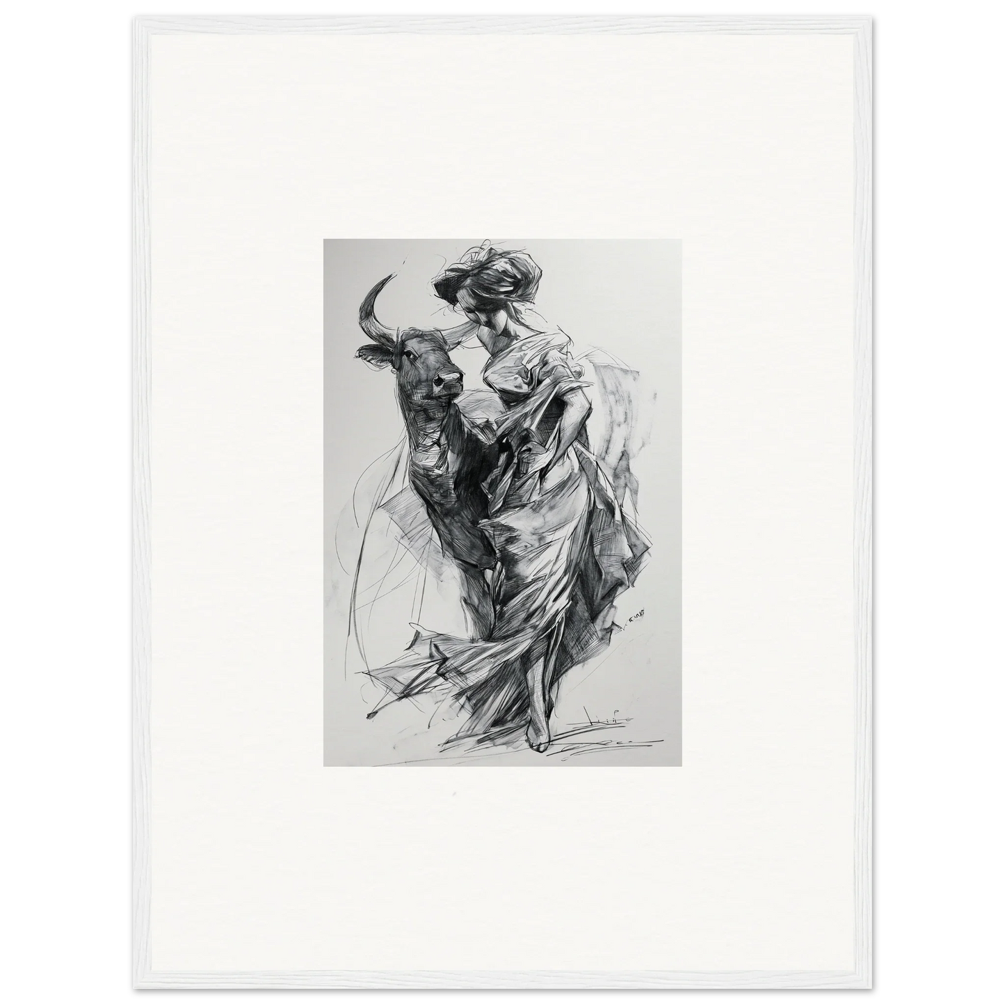 Black and white sketch of a person in flowing dress with bull from Sylvan Euphoria Lumia