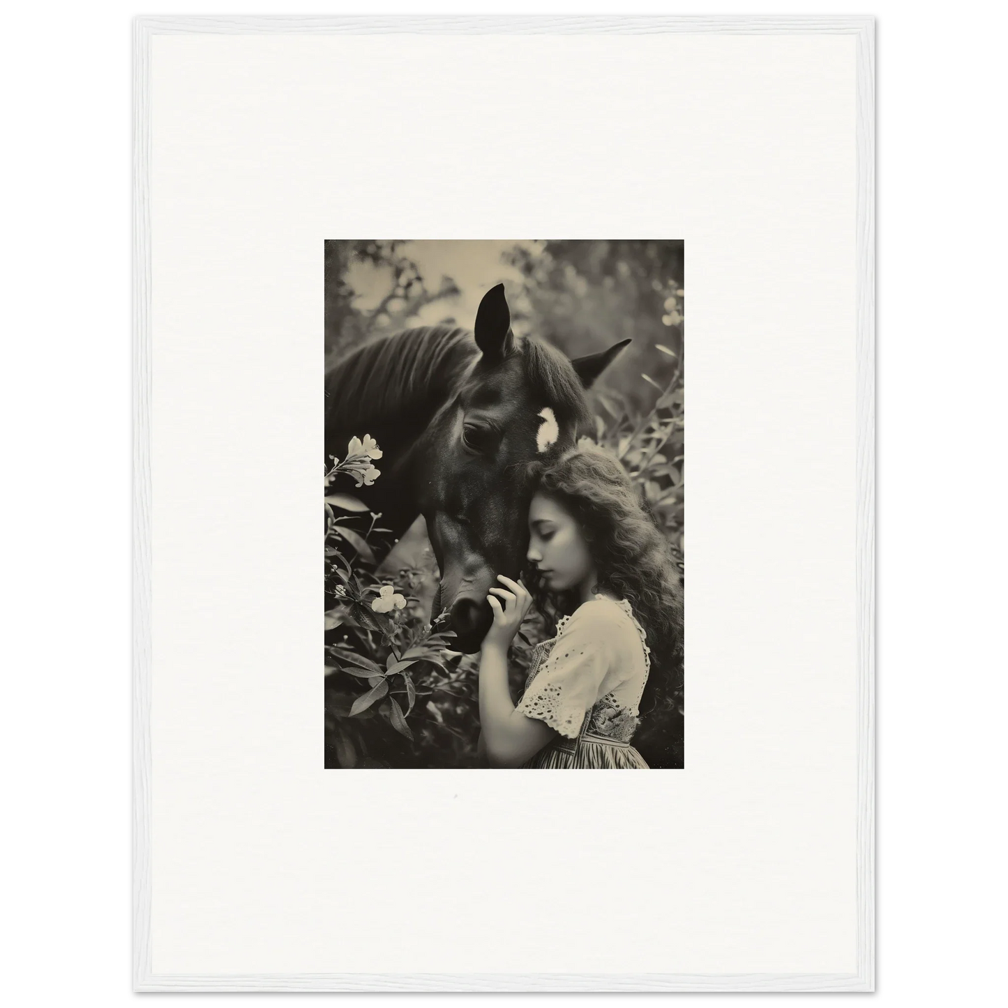 Black and white canvas print of a young girl hugging a horse for room decoration