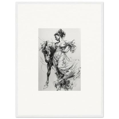 Black and white sketch of flowing dress figure with horse in Thoughts Unbridled Dance art