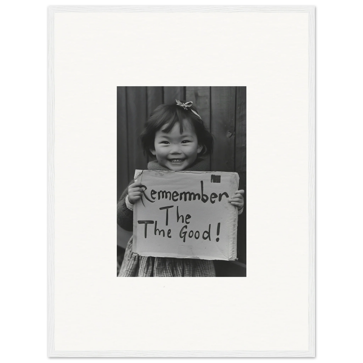 Joyful black and white photo holding a Remember The Good sign for Timeless Joy Parade art