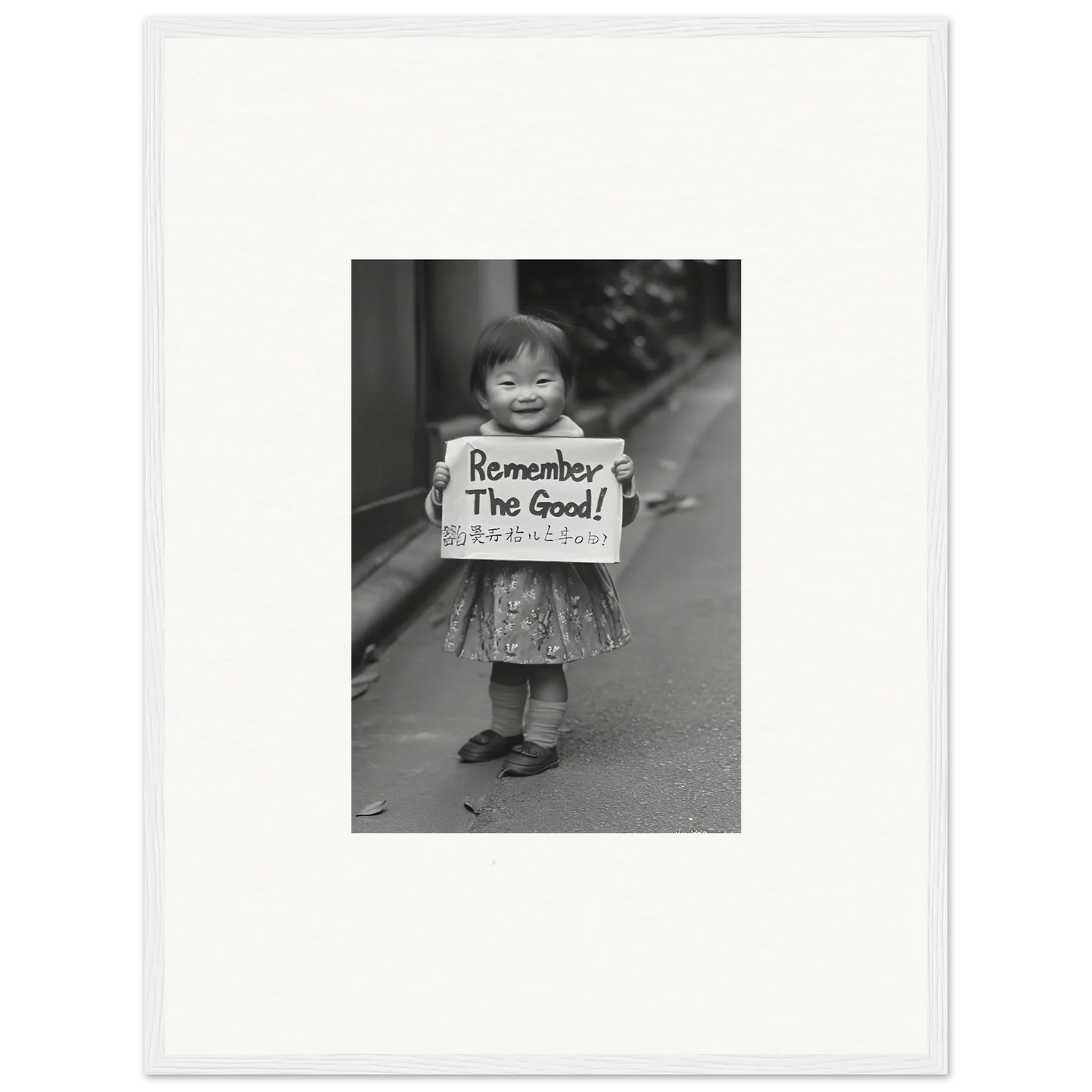 Black and white photo of a child with a Remember The Good sign, Whimsy Echo Memory art