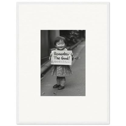 Black and white photo of a child with a Remember The Good sign, Whimsy Echo Memory art