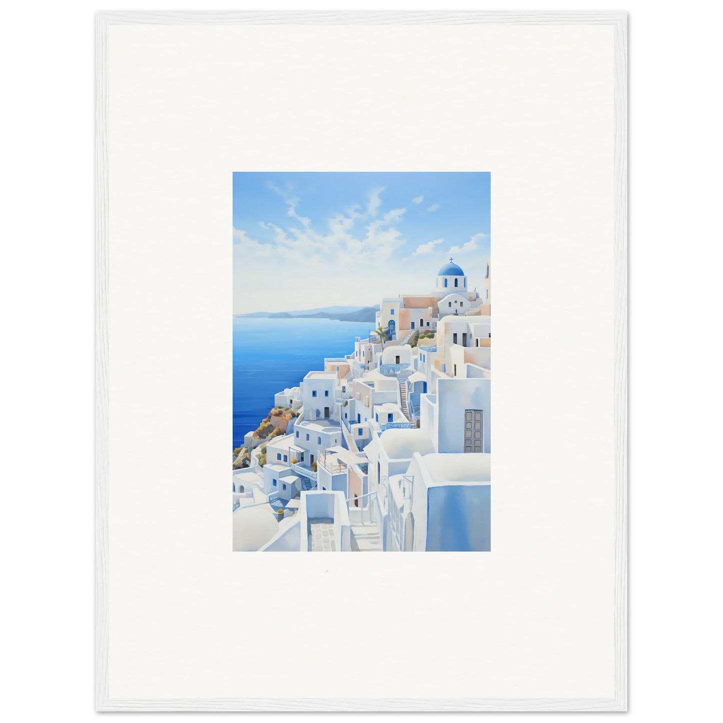 Framed watercolor of Santorini’s white buildings and blue domes, Elysian Horizon Vortex