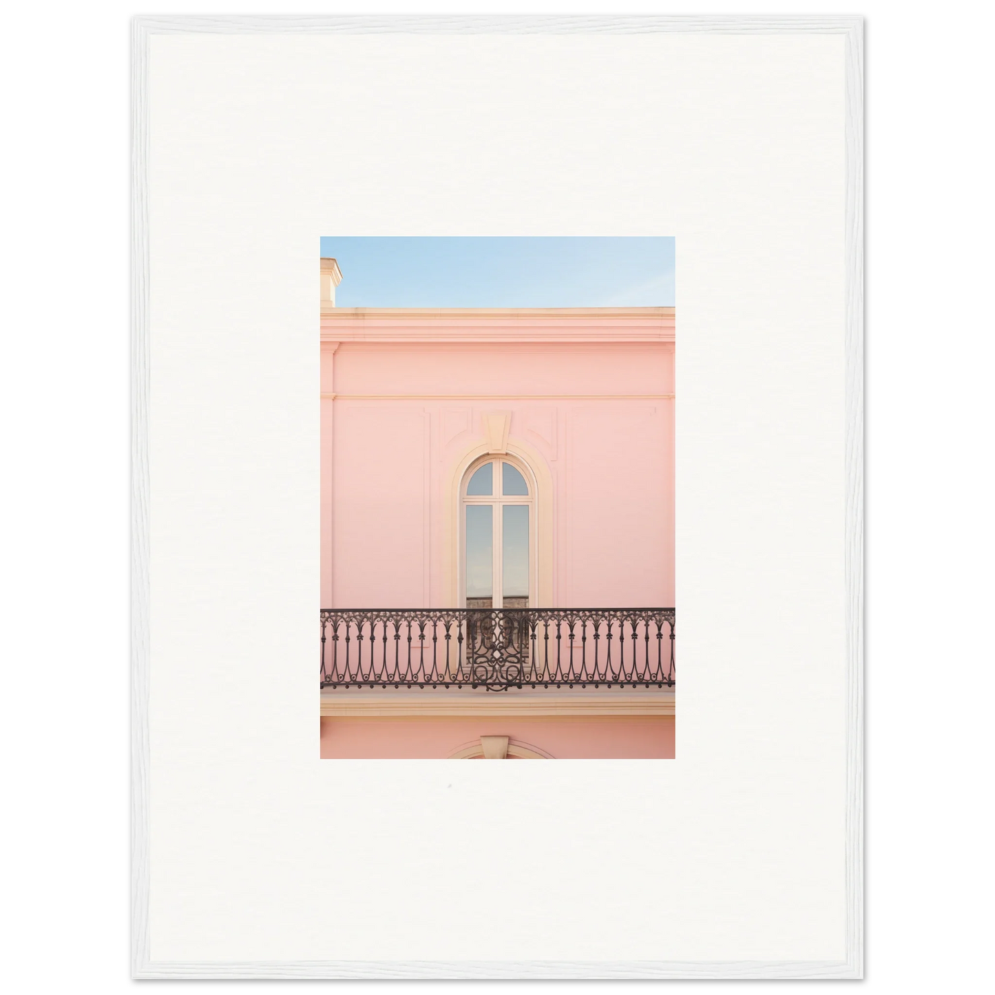 Arched window with iron balcony on a pink building in Peach Tranquil Portal art