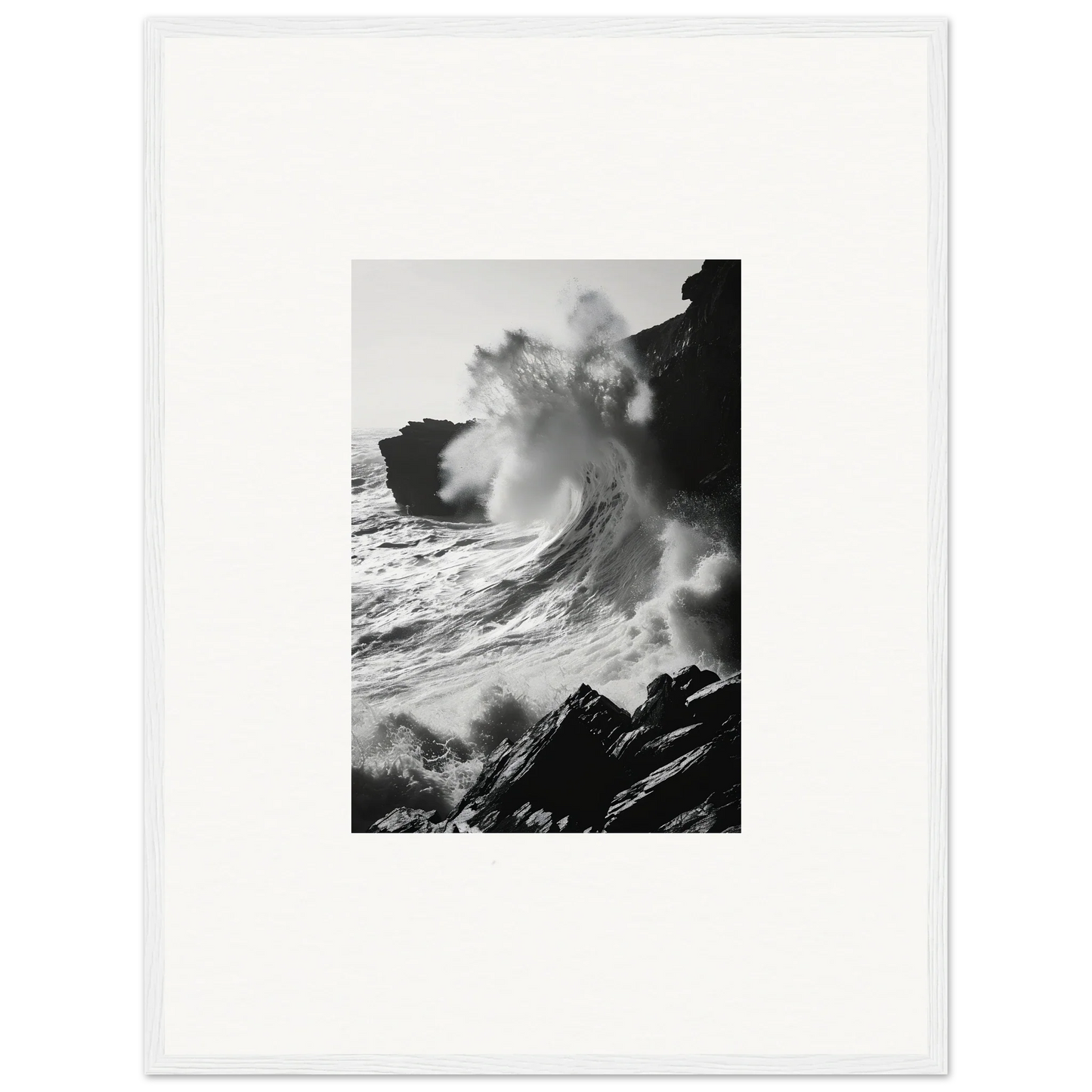 Powerful black and white ocean wave crashing cliffs in Incandescent Wave Tribute art