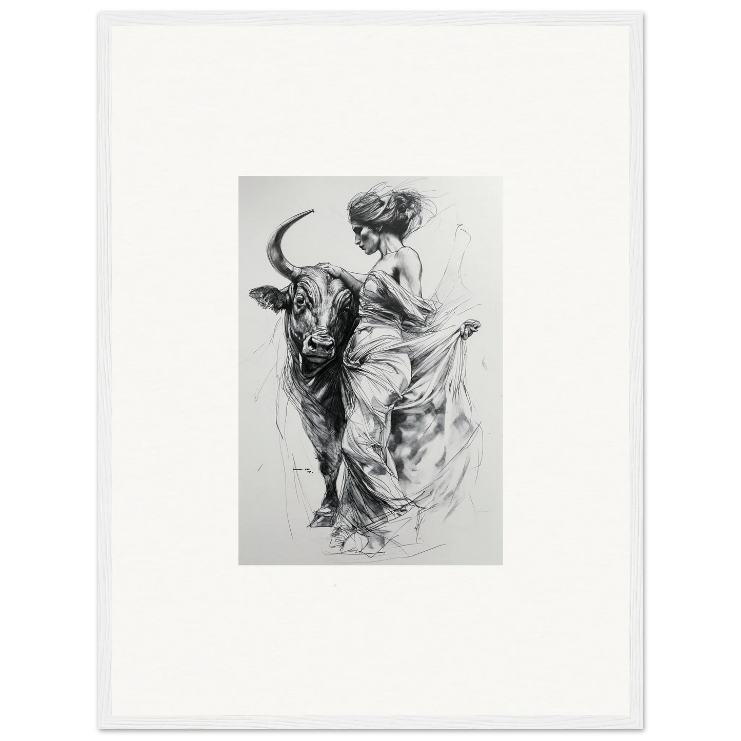 Black and white sketch of a dancer with a bull for Marvelous Taurine Serenade art™