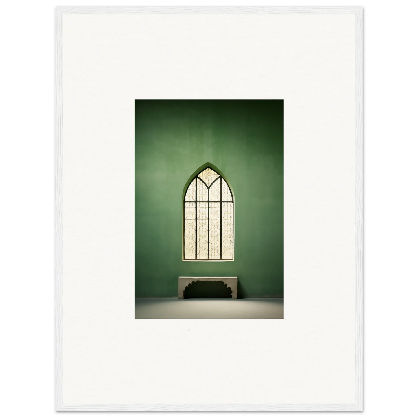 Gothic arched window with a bench below, part of Evermind Greenthaum collection