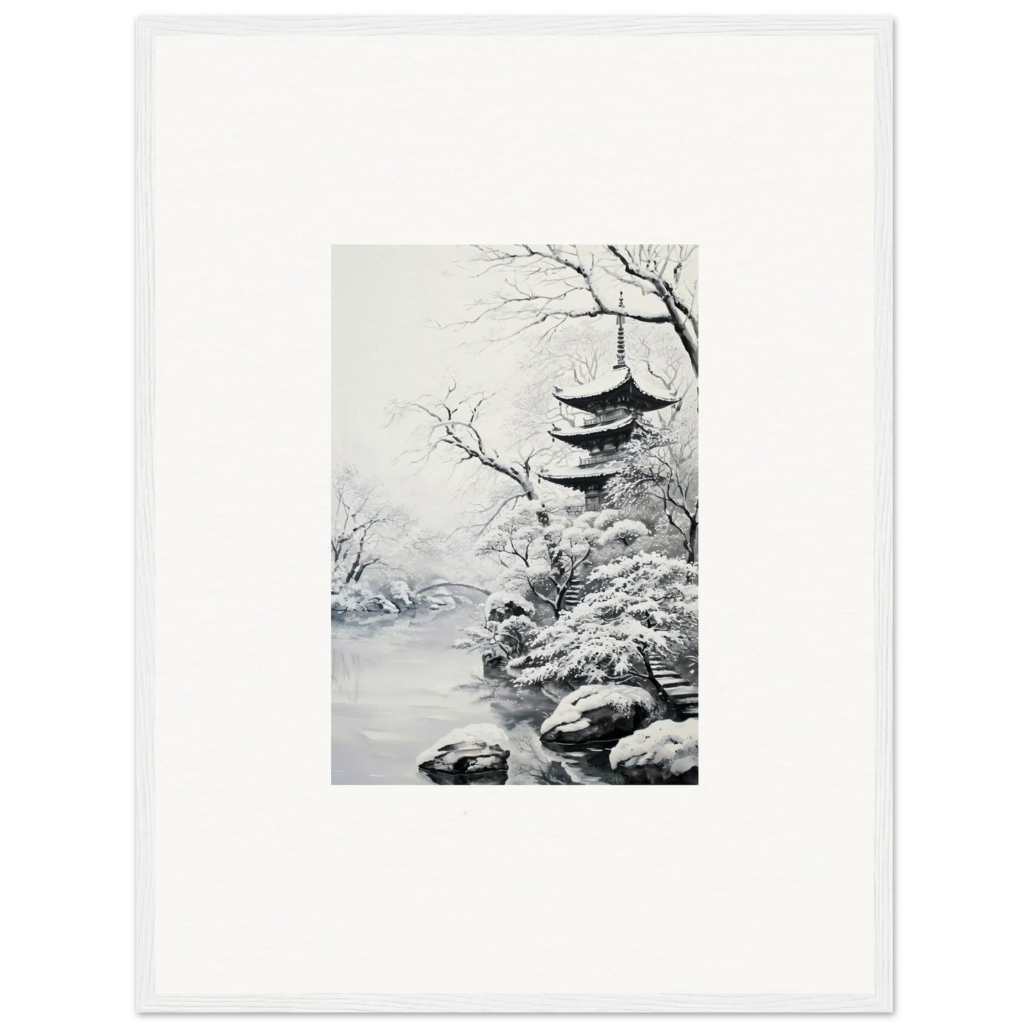 Black and white Japanese winter painting of a pagoda, perfect for Twilight Rebirth Narrative